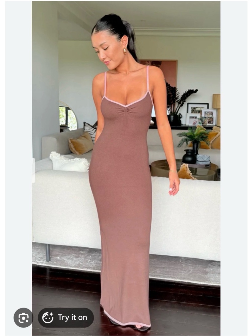 Summer Slip Maxi Dress in Brown with Pink Trim